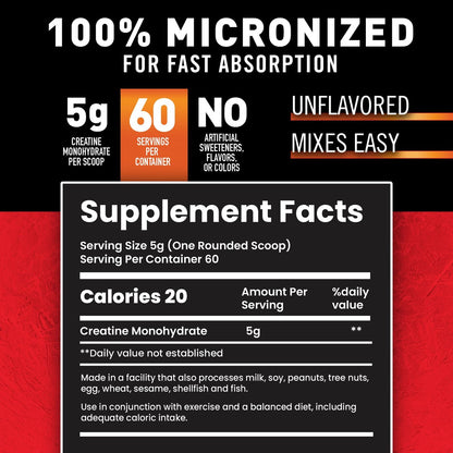 Body Fortress 100% Kreatin Monohydrat Pulver – ungesüßt, mikronisiertes Kreatin für Muskelaufbau, Kraft & Erholung – 5 g pro Portion – 10,5 Unzen