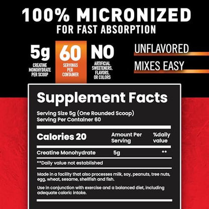 Body Fortress 100% Kreatin Monohydrat Pulver – ungesüßt, mikronisiertes Kreatin für Muskelaufbau, Kraft & Erholung – 5 g pro Portion – 10,5 Unzen