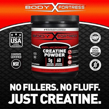 Body Fortress 100% Kreatin Monohydrat Pulver – ungesüßt, mikronisiertes Kreatin für Muskelaufbau, Kraft & Erholung – 5 g pro Portion – 10,5 Unzen