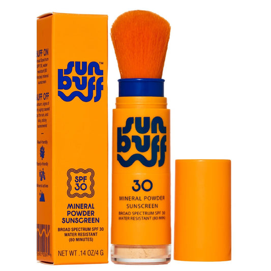 Sun Buff Puder-Sonnencreme-Pinsel SPF 30 – Mineralische Sonnencreme für Kopfhaut, Gesicht & Körper – Wasserbeständig 80 Min | Pinsel-Puder, Zinkoxid UVA/UVB-Schutz, Reisegröße 0,14 oz, Hergestellt in den USA
