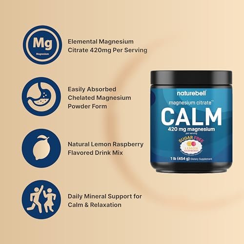 Calm Magnesium Pulver, 1lb | Trinkmischung für Schlaf, Muskeln, Knochen & Stimmung – Zuckerfreier Zitronen-Himbeer-Geschmack – Chelatiertes Magnesiumcitrat für hohe Absorption – Vegan, Nicht-GVO