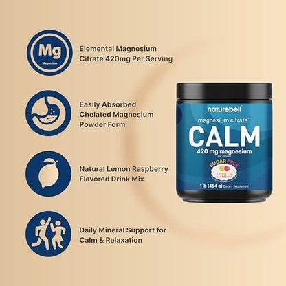 Calm Magnesium Pulver, 1lb | Trinkmischung für Schlaf, Muskeln, Knochen & Stimmung – Zuckerfreier Zitronen-Himbeer-Geschmack – Chelatiertes Magnesiumcitrat für hohe Absorption – Vegan, Nicht-GVO