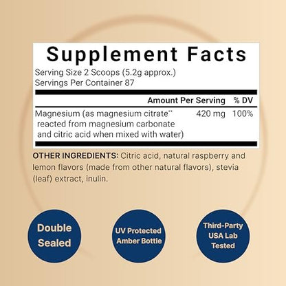 Calm Magnesium Pulver, 1lb | Trinkmischung für Schlaf, Muskeln, Knochen & Stimmung – Zuckerfreier Zitronen-Himbeer-Geschmack – Chelatiertes Magnesiumcitrat für hohe Absorption – Vegan, Nicht-GVO