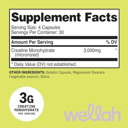 Wellah Creatin Monohydrat Kapseln (3000 mg) 120 Kapseln – Mikronisiertes Creatin, 30 Portionen