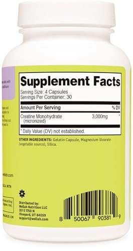 Wellah Creatin Monohydrat Kapseln (3000 mg) 120 Kapseln – Mikronisiertes Creatin, 30 Portionen