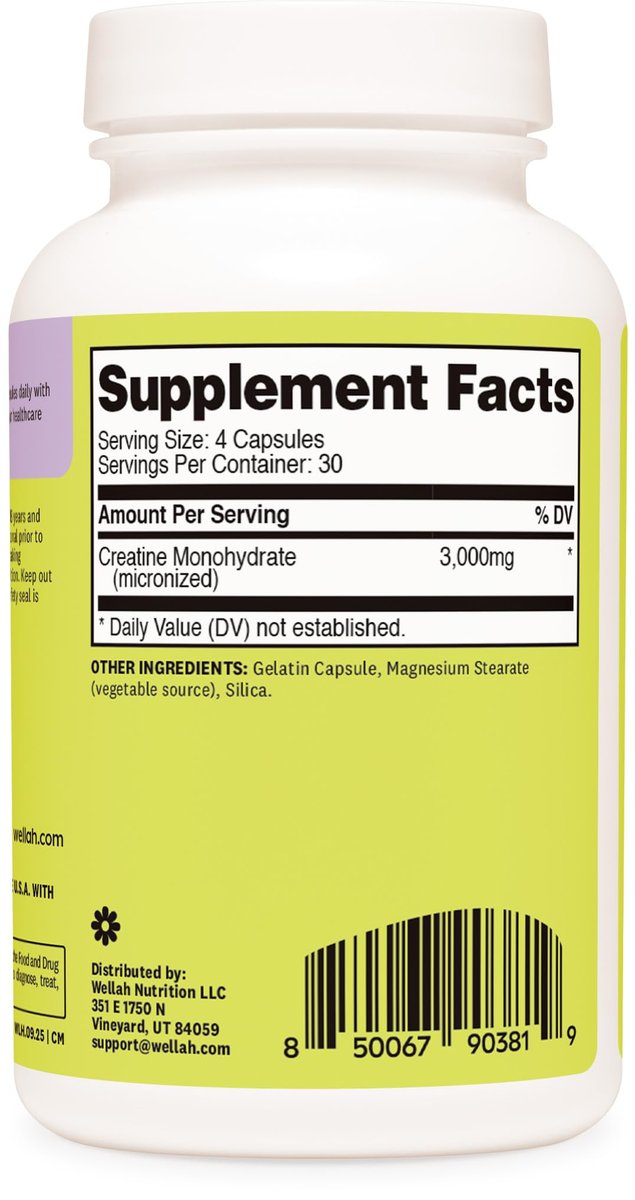 Wellah Creatin Monohydrat Kapseln (3000 mg) 120 Kapseln – Mikronisiertes Creatin, 30 Portionen