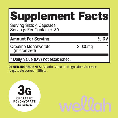 Wellah Creatin Monohydrat Kapseln (3000 mg) 120 Kapseln – Mikronisiertes Creatin, 30 Portionen