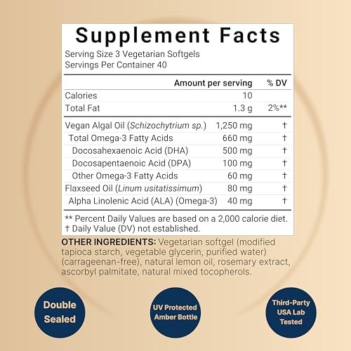 Vegan Omega 3 Algenöl Kapseln, 120 vegane Weichkapseln | Carrageenan-frei, pflanzliches DHA & DPA | Alternative zu Fischöl | Vollspektrum Omega 3 mit Leinsamen & ALA | Zitronengeschmack