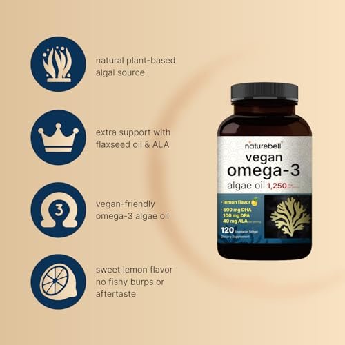 Vegan Omega 3 Algenöl Kapseln, 120 vegane Weichkapseln | Carrageenan-frei, pflanzliches DHA & DPA | Alternative zu Fischöl | Vollspektrum Omega 3 mit Leinsamen & ALA | Zitronengeschmack
