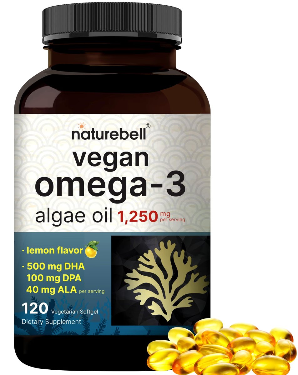Vegan Omega 3 Algenöl Kapseln, 120 vegane Weichkapseln | Carrageenan-frei, pflanzliches DHA & DPA | Alternative zu Fischöl | Vollspektrum Omega 3 mit Leinsamen & ALA | Zitronengeschmack