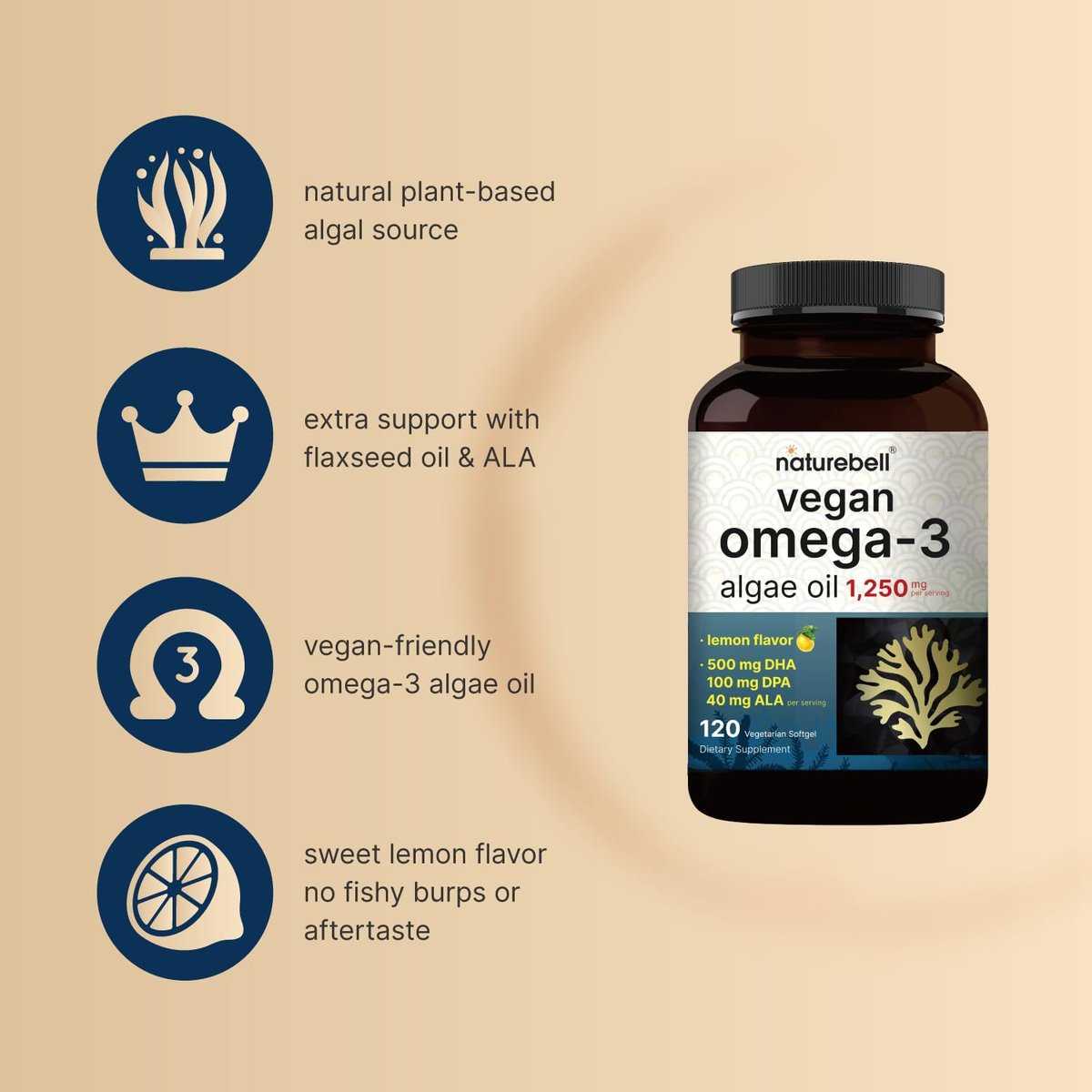 Vegan Omega 3 Algenöl Kapseln, 120 vegane Weichkapseln | Carrageenan-frei, pflanzliches DHA & DPA | Alternative zu Fischöl | Vollspektrum Omega 3 mit Leinsamen & ALA | Zitronengeschmack