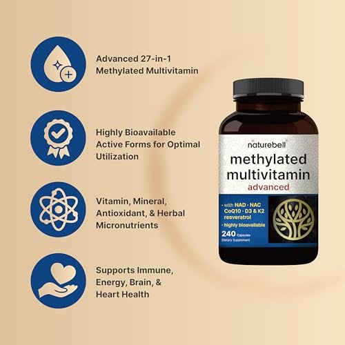Methylierte Multivitamine für Männer und Frauen, 240 Kapseln | 27-in-1 Formel mit Vitamin B-Komplex, C, D3, K2, NAD, NAC, CoQ10, Resveratrol, Magnesium, Zink & mehr | Tägliche essentielle Vitamine