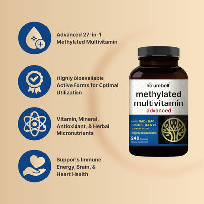 Methylierte Multivitamine für Männer und Frauen, 240 Kapseln | 27-in-1 Formel mit Vitamin B-Komplex, C, D3, K2, NAD, NAC, CoQ10, Resveratrol, Magnesium, Zink & mehr | Tägliche essentielle Vitamine
