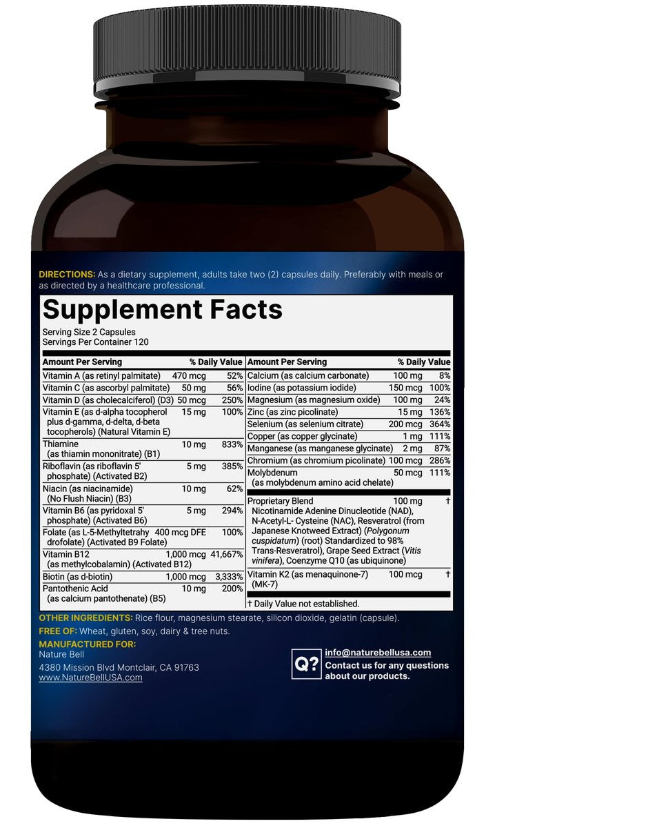 Methylierte Multivitamine für Männer und Frauen, 240 Kapseln | 27-in-1 Formel mit Vitamin B-Komplex, C, D3, K2, NAD, NAC, CoQ10, Resveratrol, Magnesium, Zink & mehr | Tägliche essentielle Vitamine