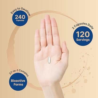 Methylierte Multivitamine für Männer und Frauen, 240 Kapseln | 27-in-1 Formel mit Vitamin B-Komplex, C, D3, K2, NAD, NAC, CoQ10, Resveratrol, Magnesium, Zink & mehr | Tägliche essentielle Vitamine