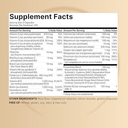 Methylierte Multivitamine für Männer und Frauen, 240 Kapseln | 27-in-1 Formel mit Vitamin B-Komplex, C, D3, K2, NAD, NAC, CoQ10, Resveratrol, Magnesium, Zink & mehr | Tägliche essentielle Vitamine