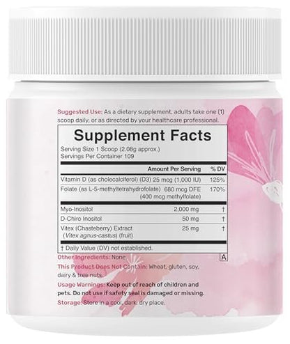 Myo-Inositol & D-Chiro Inositol Pulver für Frauen | 40:1 Verhältnis mit Methylfolat, Vitamin D3 & Mönchspfeffer | Unterstützt hormonelles Gleichgewicht & Eierstockgesundheit | Non-GMO | 227g (109 Portionen)