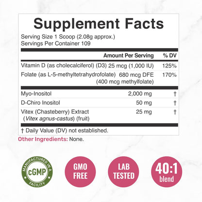 Myo-Inositol & D-Chiro Inositol Pulver für Frauen | 40:1 Verhältnis mit Methylfolat, Vitamin D3 & Mönchspfeffer | Unterstützt hormonelles Gleichgewicht & Eierstockgesundheit | Non-GMO | 227g (109 Portionen)
