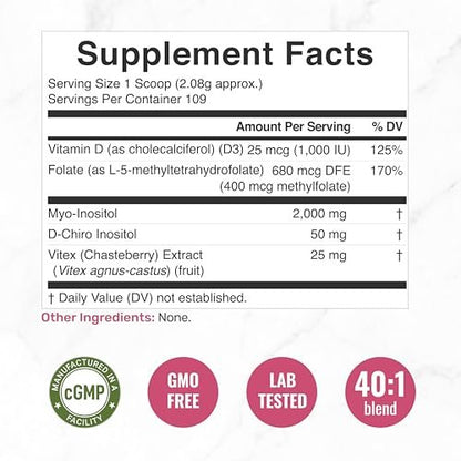 Myo-Inositol & D-Chiro Inositol Pulver für Frauen | 40:1 Verhältnis mit Methylfolat, Vitamin D3 & Mönchspfeffer | Unterstützt hormonelles Gleichgewicht & Eierstockgesundheit | Non-GMO | 227g (109 Portionen)