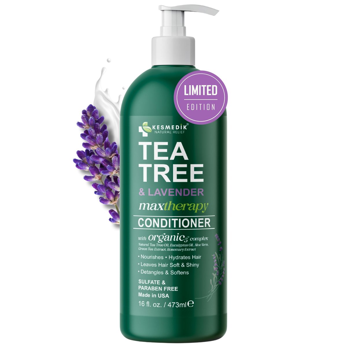 KESMEDIK Tea Tree Lavender Mint Conditioner – Feuchtigkeitsspendender Conditioner für trockenes & geschädigtes Haar, beruhigt juckende Kopfhaut, entwirrt & kontrolliert Frizz, 473 ml