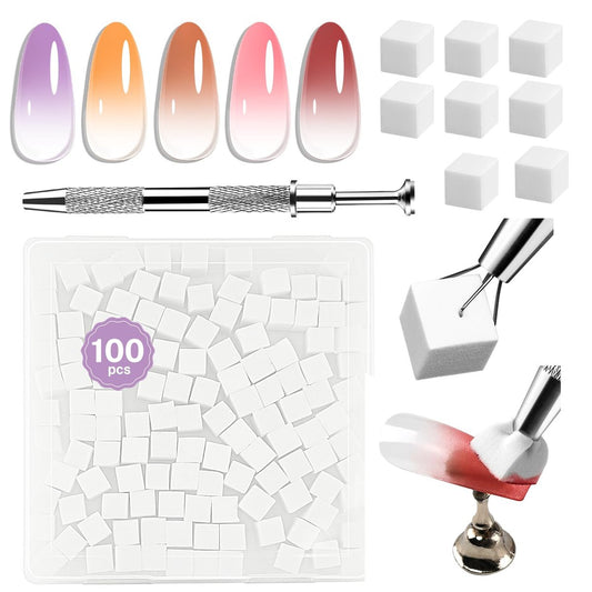 JODSONE 100 Stück weiche Nagelschwämme für Ombre mit 1 Edelstahl-Greifstift, professionelles Gradient-Nagelschwamm-Werkzeug für Nagelkunst-Gradient-Designs und Rouge-Nagelkunst