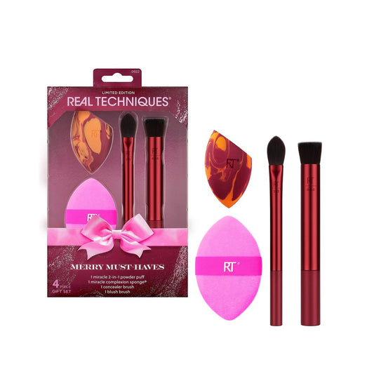 Real Techniques Merry Must-Haves Weihnachts-Geschenkset – 4-teiliges Pinsel- und Schwamm-Set für Foundation, Wangen & Puder – Vegan & tierversuchsfrei