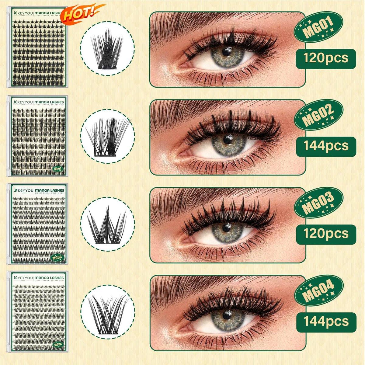 KEYYOULASH Manga Wimpern Cluster Set 8-18mm – DIY Wimpernverlängerung Kit mit natürlichen Fairy Cluster Wimpern, Bond, Seal, Entferner und Applikator (Schwarz)