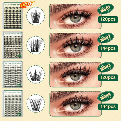 KEYYOULASH Manga Wimpern Cluster Set 8-18mm – DIY Wimpernverlängerung Kit mit natürlichen Fairy Cluster Wimpern, Bond, Seal, Entferner und Applikator (Schwarz)