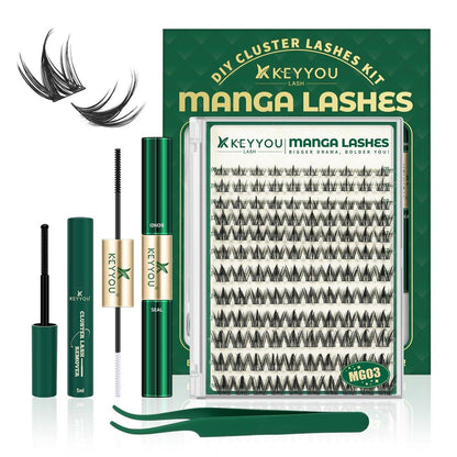 KEYYOULASH Manga Wimpern Cluster Set 8-18mm – DIY Wimpernverlängerung Kit mit natürlichen Fairy Cluster Wimpern, Bond, Seal, Entferner und Applikator (Schwarz)
