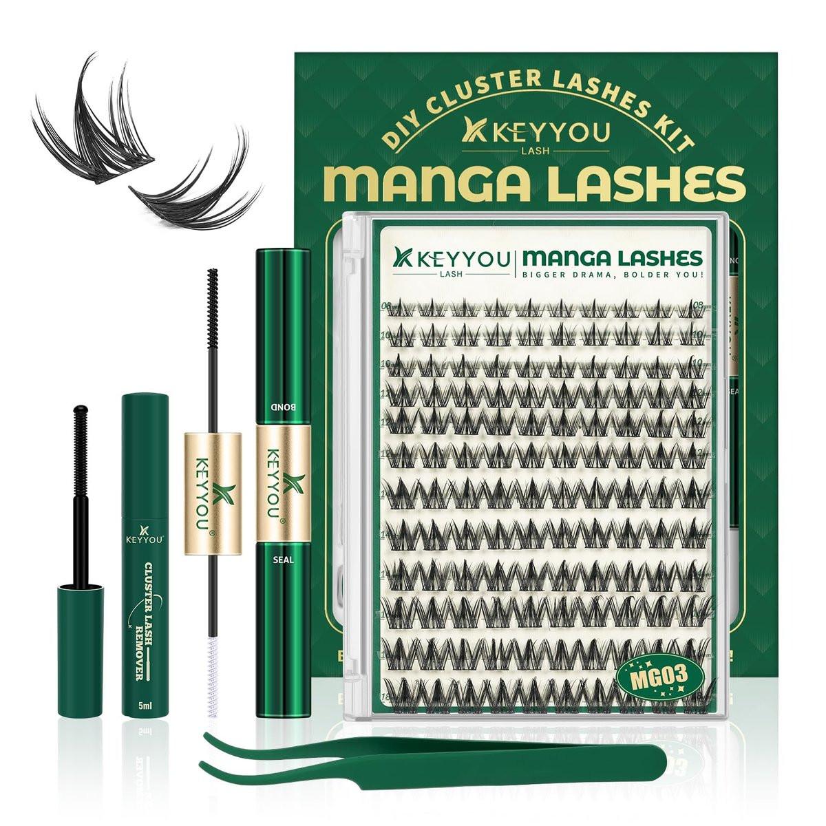 KEYYOULASH Manga Wimpern Cluster Set 8-18mm – DIY Wimpernverlängerung Kit mit natürlichen Fairy Cluster Wimpern, Bond, Seal, Entferner und Applikator (Schwarz)