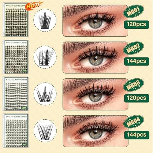 KEYYOULASH Manga Wimpern Cluster Set 8-18mm – DIY Wimpernverlängerung Kit mit natürlichen Fairy Cluster Wimpern, Bond, Seal, Entferner und Applikator (Schwarz)