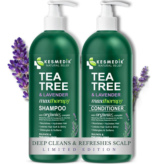 KESMEDIK Teebaum-Lavendel Shampoo & Conditioner Set mit Minze & Rosmarin, reinigt, kühlt & beruhigt trockene, juckende Kopfhaut, sulfat- & parabenfrei, für alle Haartypen, 2x 473 ml