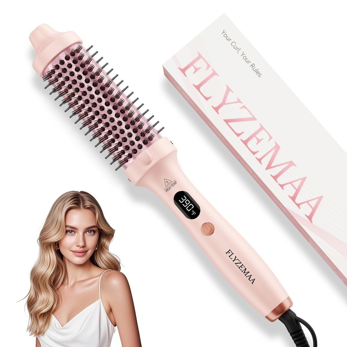 Thermalbürste, FLYZEMAA 1,5 Zoll beheizte Rundbürste für langes trockenes Haar, Haarbürsten-Glätter mit 3 Temperatureinstellungen, Föhnbürsten zum Locken & Volumen, Anti-Verbrühungs-Nylonborsten (Pink)