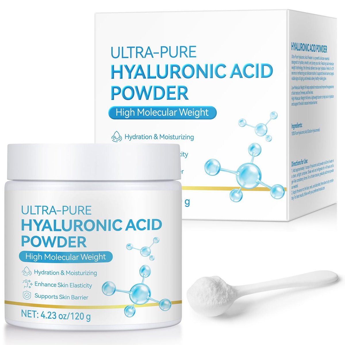 Reines Hyaluronsäure-Serum-Pulver für Haut & Gesicht, 120G, hohes Molekulargewicht, Anti-Aging, wasserlöslich, feines Pulver, glutenfrei, nicht-GVO – inkl. Messlöffel