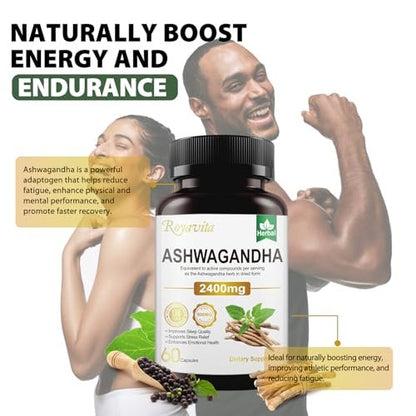 Royavita Ashwagandha 2400 mg mit Bio-Pfeffer, Vitamin B12 & B6 – 60 Kapseln für Stressabbau & sportliche Leistung