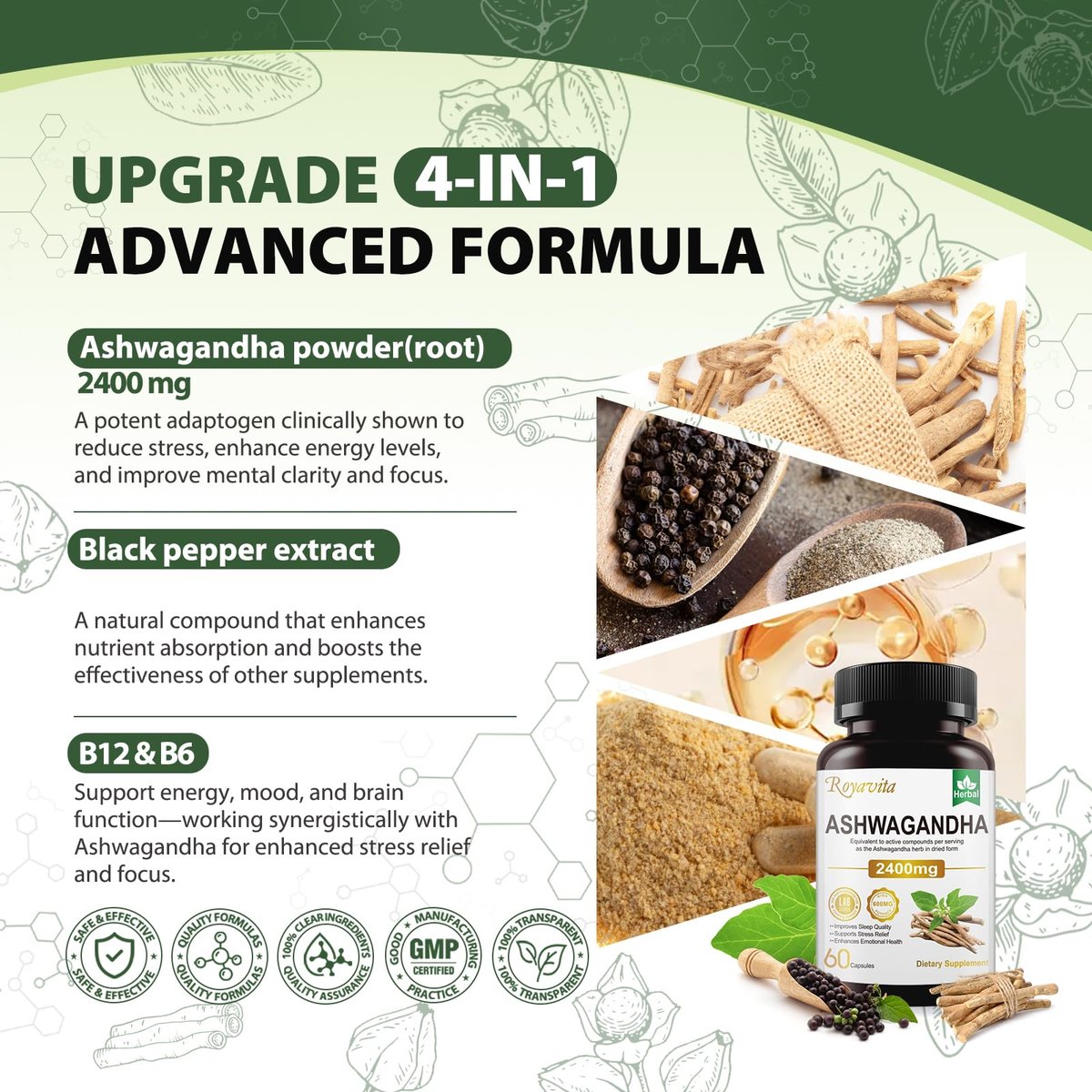 Royavita Ashwagandha 2400 mg mit Bio-Pfeffer, Vitamin B12 & B6 – 60 Kapseln für Stressabbau & sportliche Leistung