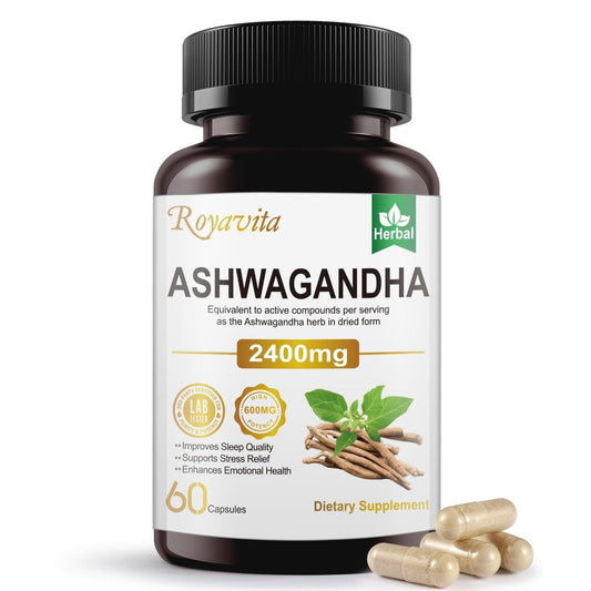 Royavita Ashwagandha 2400 mg mit Bio-Pfeffer, Vitamin B12 & B6 – 60 Kapseln für Stressabbau & sportliche Leistung