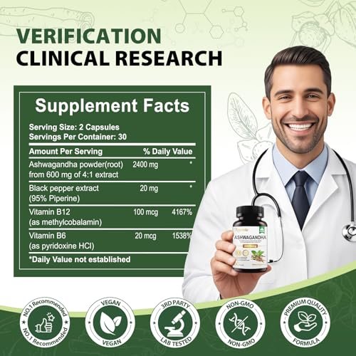 Royavita Ashwagandha 2400 mg mit Bio-Pfeffer, Vitamin B12 & B6 – 60 Kapseln für Stressabbau & sportliche Leistung