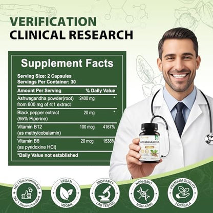 Royavita Ashwagandha 2400 mg mit Bio-Pfeffer, Vitamin B12 & B6 – 60 Kapseln für Stressabbau & sportliche Leistung