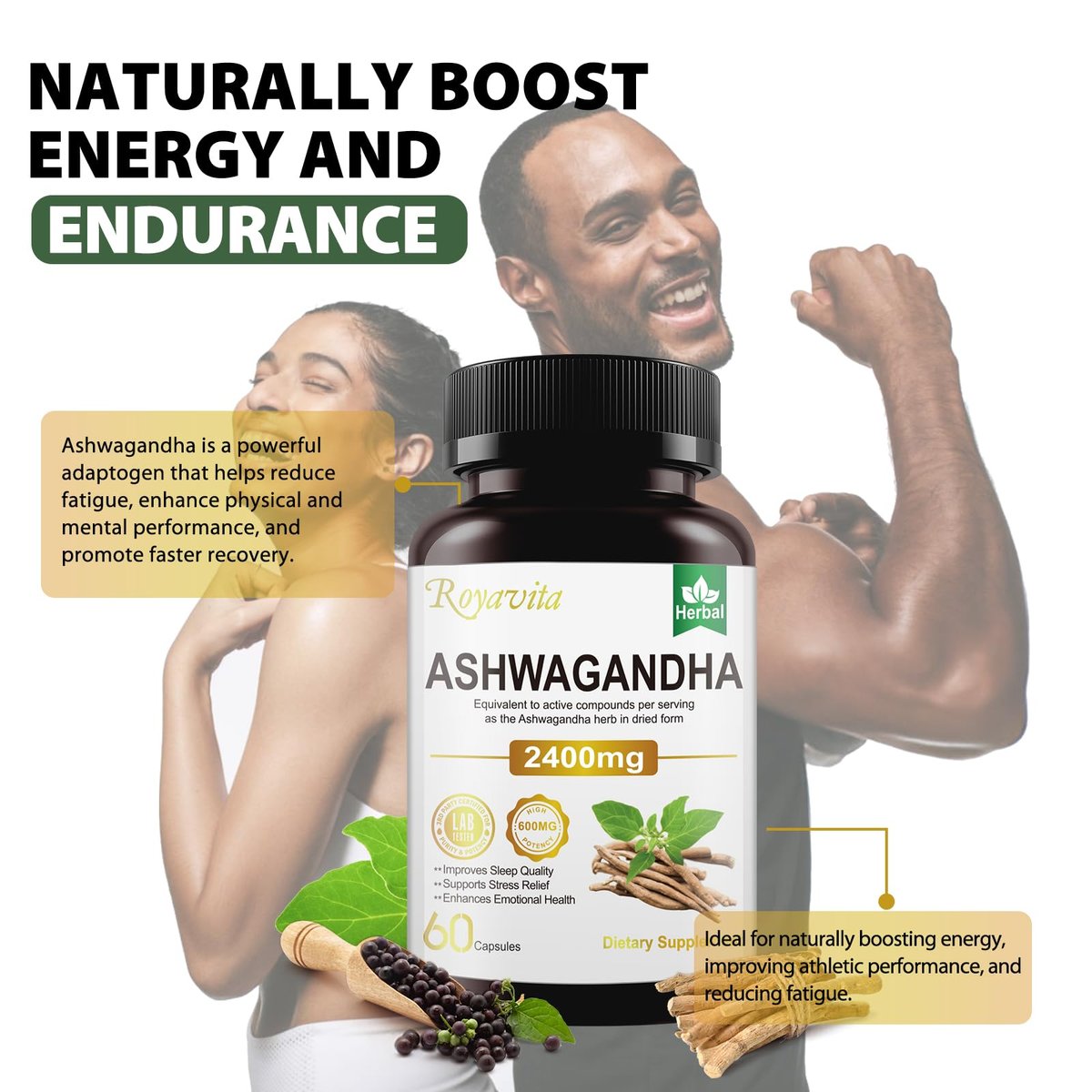 Royavita Ashwagandha 2400 mg mit Bio-Pfeffer, Vitamin B12 & B6 – 60 Kapseln für Stressabbau & sportliche Leistung