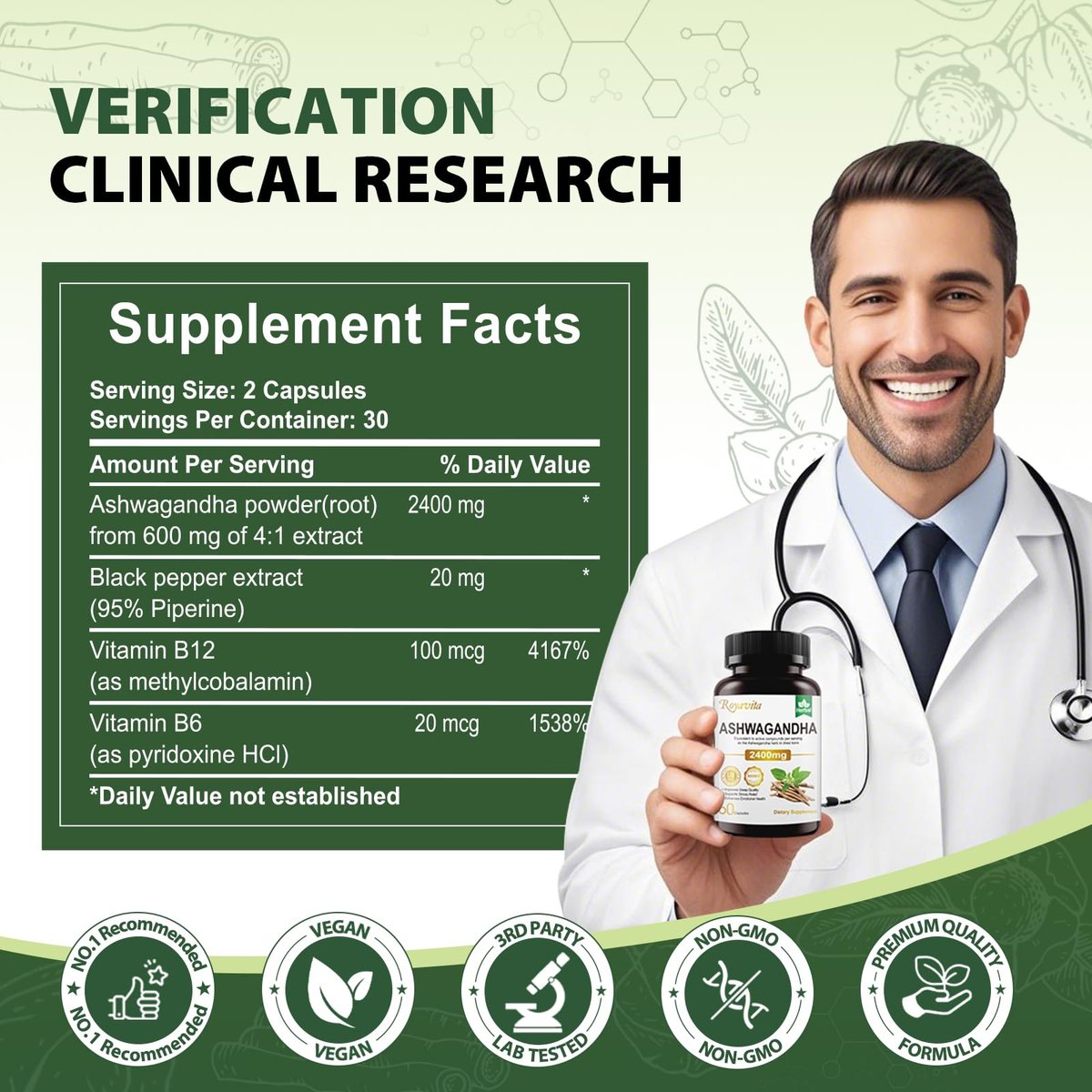 Royavita Ashwagandha 2400 mg mit Bio-Pfeffer, Vitamin B12 & B6 – 60 Kapseln für Stressabbau & sportliche Leistung