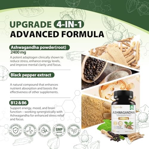 Royavita Ashwagandha 2400 mg mit Bio-Pfeffer, Vitamin B12 & B6 – 60 Kapseln für Stressabbau & sportliche Leistung
