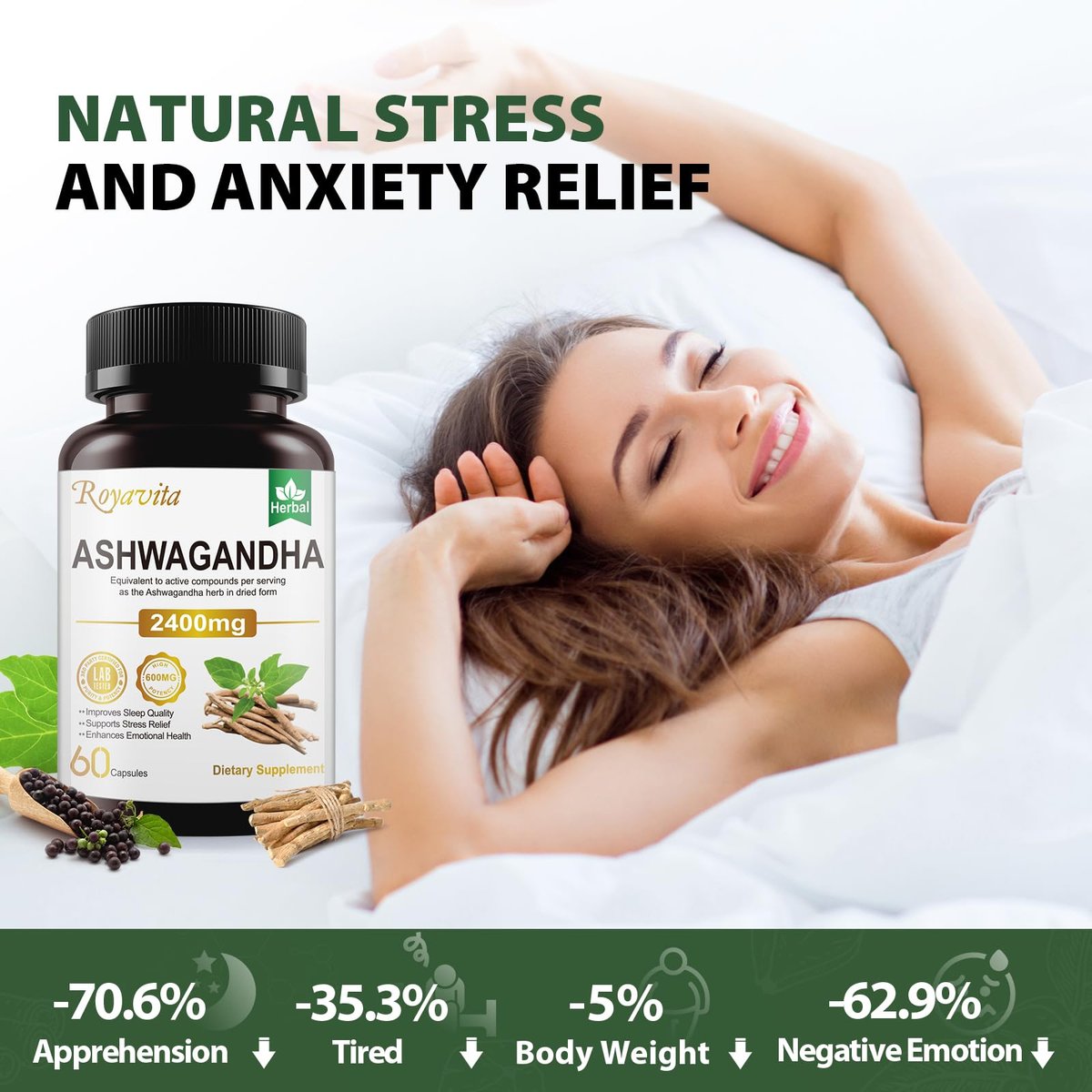 Royavita Ashwagandha 2400 mg mit Bio-Pfeffer, Vitamin B12 & B6 – 60 Kapseln für Stressabbau & sportliche Leistung