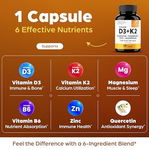Sandhu's Vitamin D3 K2 Magnesium 5000 IE, 120 mcg K2 Kapseln, 60 Stück (1er Pack) | mit Vitamin B6, Zink & Quercetin | D3K2 für verbesserte Aufnahme, Energie, Immunsystem, Muskelgesundheit für Männer & Frauen