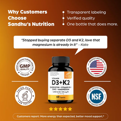 Sandhu's Vitamin D3 K2 Magnesium 5000 IE, 120 mcg K2 Kapseln, 60 Stück (1er Pack) | mit Vitamin B6, Zink & Quercetin | D3K2 für verbesserte Aufnahme, Energie, Immunsystem, Muskelgesundheit für Männer & Frauen