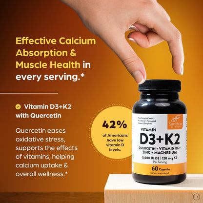 Sandhu's Vitamin D3 K2 Magnesium 5000 IE, 120 mcg K2 Kapseln, 60 Stück (1er Pack) | mit Vitamin B6, Zink & Quercetin | D3K2 für verbesserte Aufnahme, Energie, Immunsystem, Muskelgesundheit für Männer & Frauen