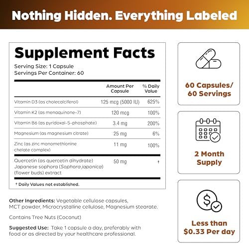 Sandhu's Vitamin D3 K2 Magnesium 5000 IE, 120 mcg K2 Kapseln, 60 Stück (1er Pack) | mit Vitamin B6, Zink & Quercetin | D3K2 für verbesserte Aufnahme, Energie, Immunsystem, Muskelgesundheit für Männer & Frauen