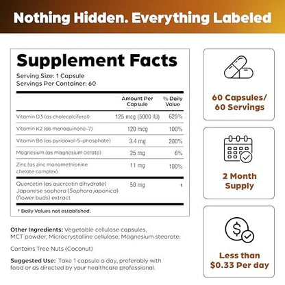 Sandhu's Vitamin D3 K2 Magnesium 5000 IE, 120 mcg K2 Kapseln, 60 Stück (1er Pack) | mit Vitamin B6, Zink & Quercetin | D3K2 für verbesserte Aufnahme, Energie, Immunsystem, Muskelgesundheit für Männer & Frauen
