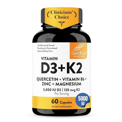 Sandhu's Vitamin D3 K2 Magnesium 5000 IE, 120 mcg K2 Kapseln, 60 Stück (1er Pack) | mit Vitamin B6, Zink & Quercetin | D3K2 für verbesserte Aufnahme, Energie, Immunsystem, Muskelgesundheit für Männer & Frauen