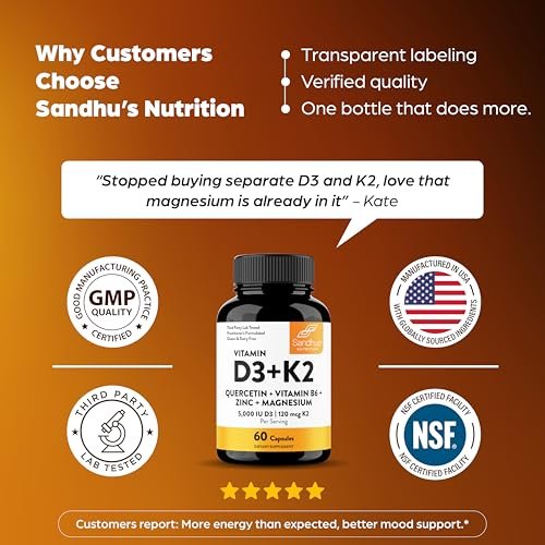 Sandhu's Vitamin D3 K2 Magnesium 5000 IE, 120 mcg K2 Kapseln, 60 Stück (1er Pack) | mit Vitamin B6, Zink & Quercetin | D3K2 für verbesserte Aufnahme, Energie, Immunsystem, Muskelgesundheit für Männer & Frauen